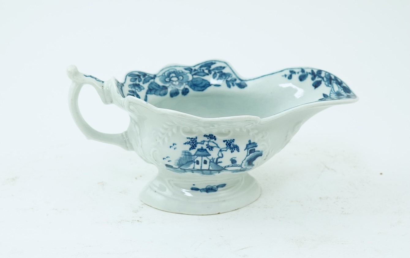 A Worcester blue and white Triangular Platform pattern high footed sauce boat c.1755